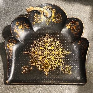 Antique French 1890 black lacquer paper mache crumb tray with gold